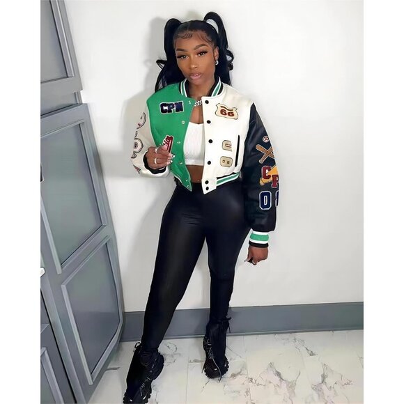 Women's Varsity Jacket with Patches Print Cropped Bomber Leather Jacket A-Green - Picture 3 of 4